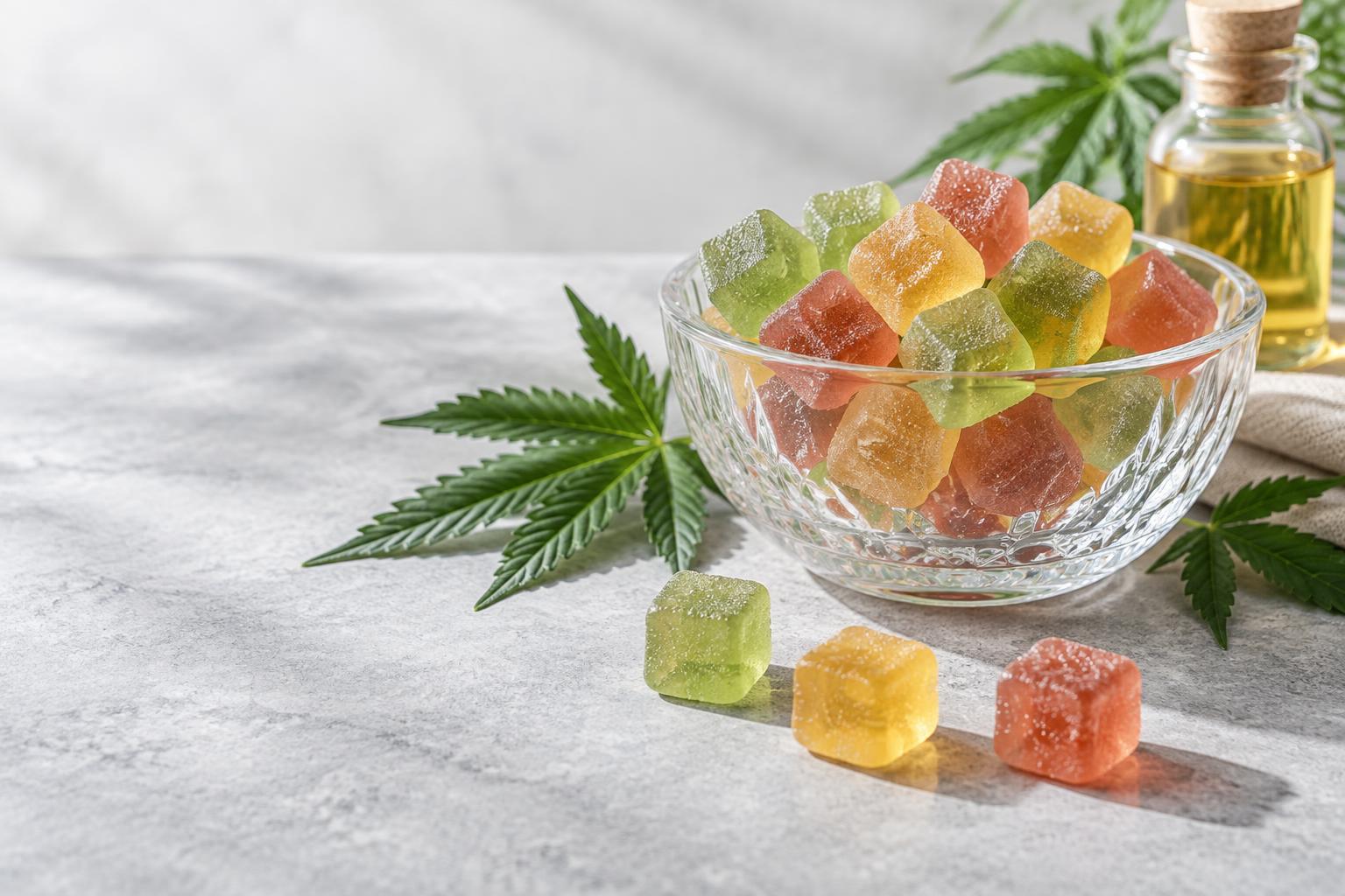 Illustrative colorful gummies in a glass bowl with hemp leaves; not a verified product photograph